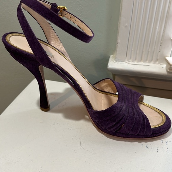 Prada Dark Purple Suede Ankle Strap Sandals with Gold Trim - Picture 3 of 6
